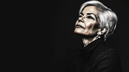 Fototapeta premium Sophisticated reflection: elegant older woman with silver hair in dramatic lighting
