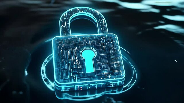 A glowing digital padlock symbolizing cybersecurity and data protection, set against a dark, reflective background.