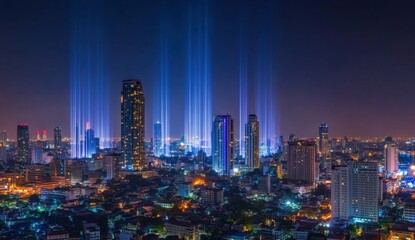 Obraz premium A panoramic view of Bangkok's skyline at night, with glowing blue and white light beams representing data streams flowing between buildings, connection to global digital network Generative AI
