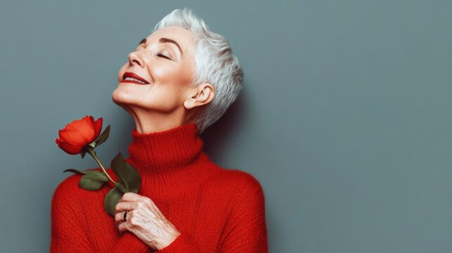 Elegant senior woman in red sweater holding rose and smiling contentedly
