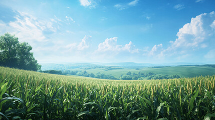 A scenic overlook of vast cornfields stretching towards the horizon, under a beautiful blue sky.A scenic overlook of vast cornfields stretching towards the horizon, under a beautiful blue sky.