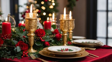 Naklejka premium Elegant holiday dining table set with golden candle holders, red candles, and roses