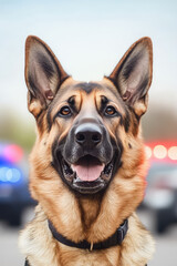 Fototapeta premium German Shepherd police guard dog portrait on background with blurred police lights and cars, copy space