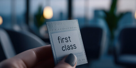 Hand holds a ticket labeled first class in the background of an airport business lounge. VIP service in air travel