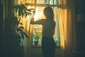 Woman opening curtains at sunrise in apartment