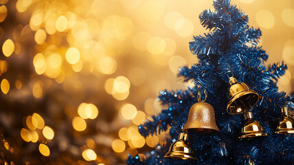 Close up portrait of a blue Christmas tree decorated with garndes bells on golden isolated background