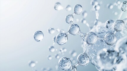 Close-up visualization of water molecules on light blue background for scientific study