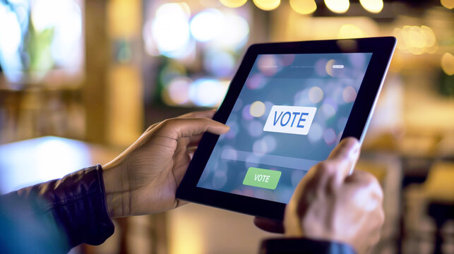 Close-up of hands holding tablet displaying voting app interface