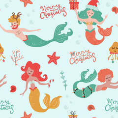Merry Christmas Mermaid seamless pattern. Cute Mermaid with Christmas elements and lights.	