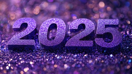 Sparkling purple numbers 2025 on a dark background with bokeh effect, symbolizing celebration of the new year.