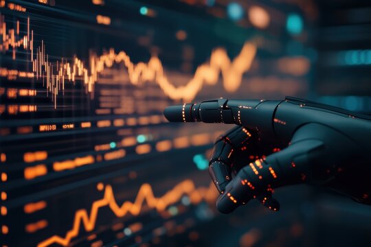 Robotic arm pointing at stock market data on digital screen