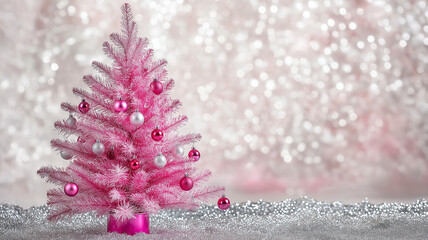 A fantasy Christmas tree in pink with decorations on a shiny silver background