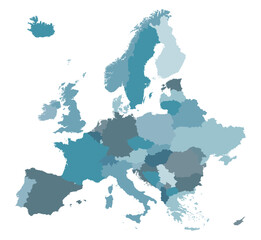 Coloured map of Europe, with countries, country borders