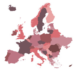 Coloured map of Europe, with countries, country borders