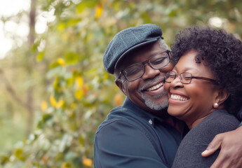 Fototapeta premium Joyful connection: a senior couple sharing a happy moment outdoors