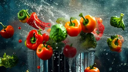 Fresh broccoli, red peppers, and tomatoes dynamically leap from a colander, surrounded by water droplets. Captured in a vivid display highlighting fresh produce and healthy eating. - Powered by Adobe
