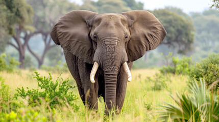Majestic elephant in the african savannah amidst lush greenery