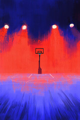 Dynamic Abstract Painting of a Basketball Court Illuminated by Stadium Lights