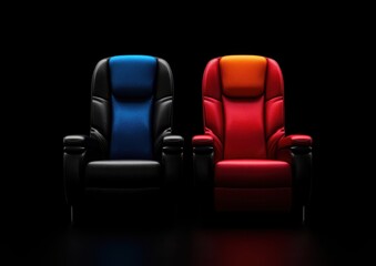 Obraz premium Two modern gaming chairs in contrasting colors—blue and red—set against a black background, highlighting their sleek design and vibrant hues.
