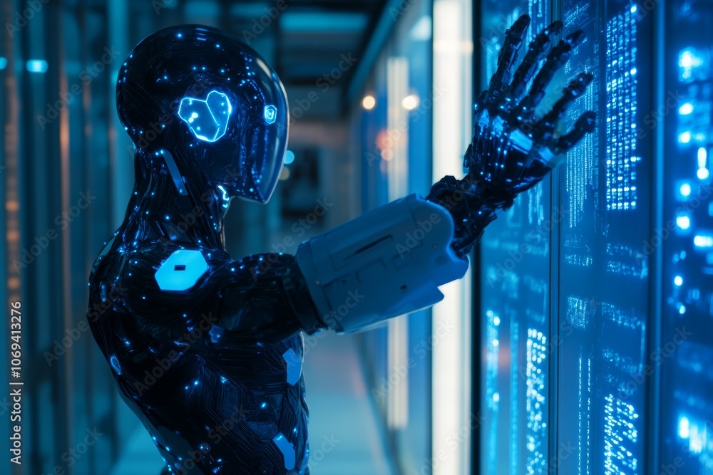 Poster futuristic sci fi concept featuring a humanoid cyborg with a bionic hand in advanced tech space
