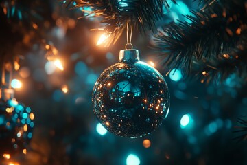 Christmas ornament with pinecones and fairy lights on an evergreen branch creating a cozy festive holiday scene with warm rustic ambiance