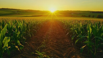 Naklejka premium corn field or maize field at agriculture farm in the morning sunrise