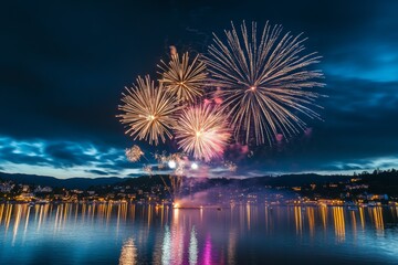 Vibrant fireworks light up the night sky over serene waterfront and city skyline
