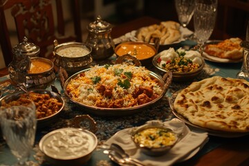 Traditional indian cuisine displayed on ornate table setting