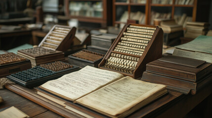 Historic Accounting Tools � Display of classic accounting tools like ledgers, an abacus, and old-style calculators, International Accounting Day,