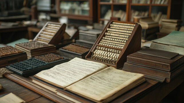 Historic Accounting Tools � Display of classic accounting tools like ledgers, an abacus, and old-style calculators, International Accounting Day,