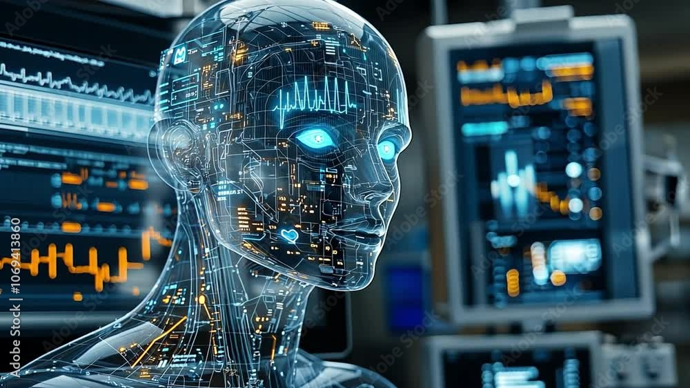 Poster futuristic humanoid robot with illuminated features analyzes data in a high-tech lab environment