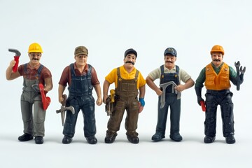 Five comical worker figurines with tools, displaying their quirky work ethic on a white background