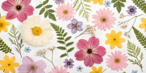 Seamless background with pressed flowers for decorative design, colorful floral pattern