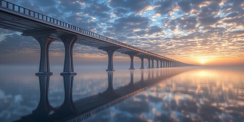 majestic and long bridge spanning across a reflective lake at sunrise, dramatic psychedelic clouds and reflection in water, scenic display of architectural wonder 