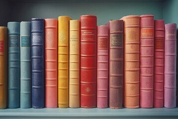 Naklejka premium Colorful antique books stand in a row on a shelf.