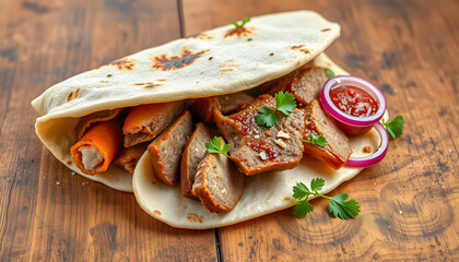 Gyro pita Shawarma wrap on wood table. Greek food with slice cut meat, overhead isolated with white highlights, png