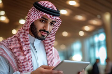 Arab Man in Traditional Clothing Using a Tablet in a Modern Setting