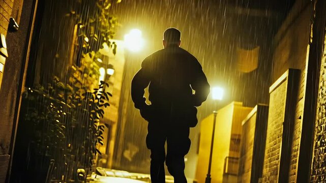 A solitary man runs through a rain-soaked alley under a glowing street lamp at night, showcasing urban solitude and determination amidst a downpour. The scene conveys themes of perseverance and city
