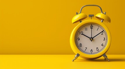 Yellow Alarm Clock on Yellow Background, Time Management Concept. Classic Style Vintage Alarm Clock