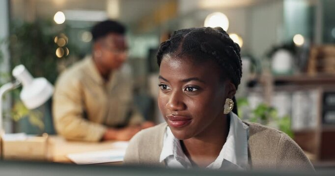Business woman, computer and happy for feedback, networking contact and client communication in office. Human resources, research and smile for review performance, development and employee engagement