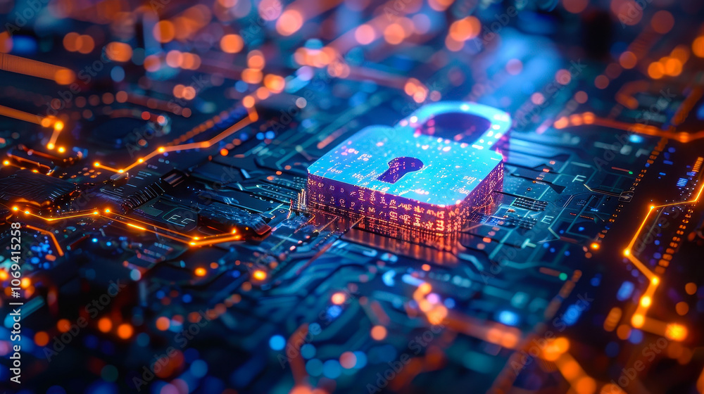 Poster futuristic cybersecurity visualization of digital lock on circuit board for data protection and priv
