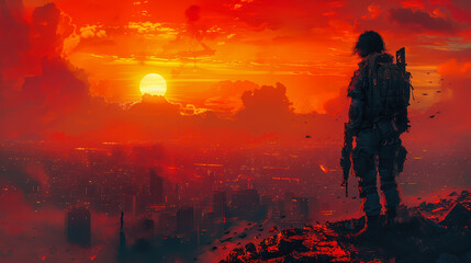 Fototapeta premium Futuristic Soldier Woman in Ruined Cityscape at Sunset, Digital Art of Post-Apocalyptic Survivor, Armed Heroine Standing Vigilant Over Destroyed Urban Landscape, Sci-Fi Illustration Painting