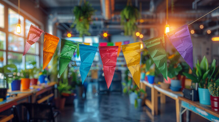 Naklejka premium Vibrant Creative Office Decorated for Pride Month with Rainbow Bunting and LGBTQ+ Flags Celebrating Inclusion and Diversity, Positive Company Culture