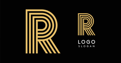 Geometric golden letter R with concentric lines on black background. Sleek sophisticated logo design. Luxury, modernity, elegance logotype for premium branding, corporate identity.Vector illustration.