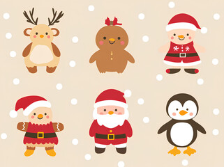 A set of cute Christmas gift tags featuring Santa Claus, reindeer, snowmen, gingerbread men, and penguins in different poses. 
