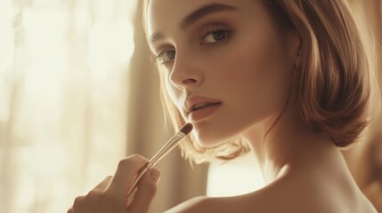 Obraz premium Elegant portrait of woman applying blush with soft brush