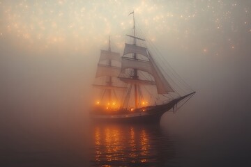 Fototapeta premium An ethereal tall ship sails through a misty sea at twilight.