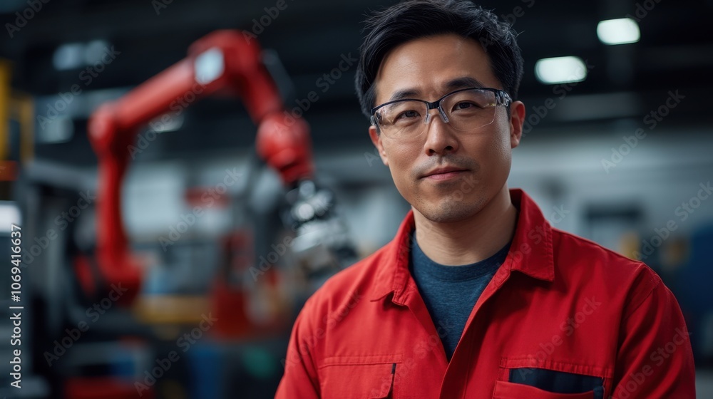 Poster worker adjusting robotic arm in a factory environment