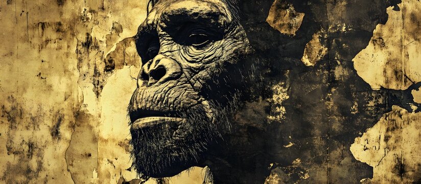 A powerful close-up of an early hominid, rendered in dark, textured detail against a grunge-inspired background of earthy beige and brown tones.