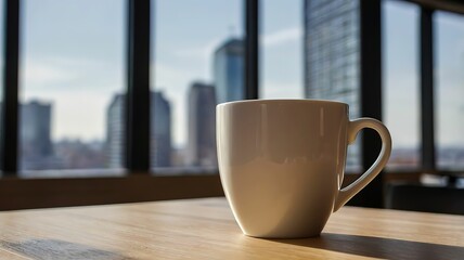 Obraz premium A coffee mug on a wooden table with a city skyline view.